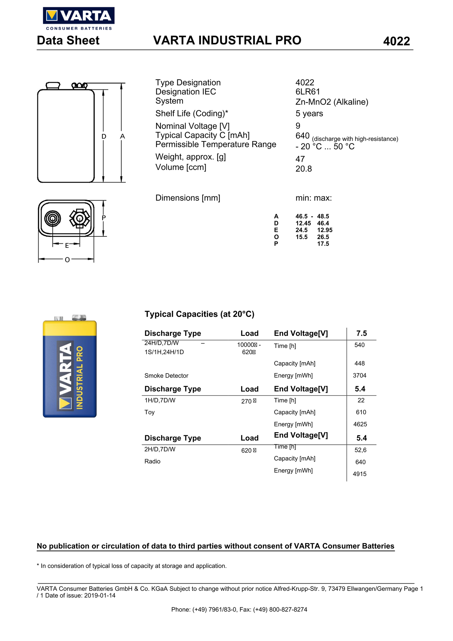 Varta Industrial Pro 9V Batteries (4022) - Pack of 100